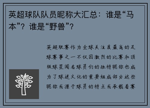 英超球队队员昵称大汇总：谁是“马本”？谁是“野兽”？