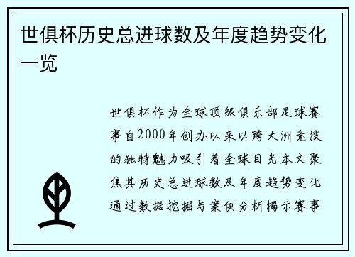 世俱杯历史总进球数及年度趋势变化一览