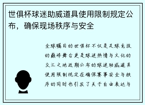世俱杯球迷助威道具使用限制规定公布，确保现场秩序与安全